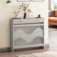 Jooli H Radiator Cover With Drawers, Grey Wooden Radiator Shelf Pipe Covers Cabinet With Wavy Grill For Living Room Bedroom Hallway - 灰色+木紋 - 查看 7