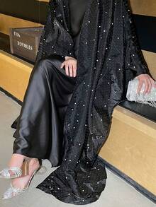 2pcs Dubai Island Embroidered Rhinestone Beaded Maxi Cardigan Abaya Set For Women