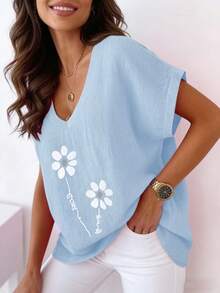 Plus Size Women's Printed V-Neck Comfortable Washed Casual Short Sleeve T-Shirt, Summer - 淺藍色 - 查看 6