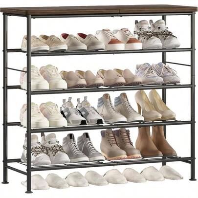Organizador de zapatero de 5 niveles, estantería de metal para almacenamiento de zapatos con tablero superior de MDF, color negro + marrón rústico