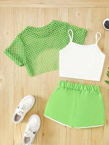 Conjunto de 3 piezas para niñas preadolescentes: Camiseta de tirantes con estampado de letras Brooklyn en verde neón + Parte superior con superposición de malla + Pantalones cortos, Conjunto de moda de verano para exteriores, Adecuado para exteriores, Regalo de verano - verde menta - Ver 3