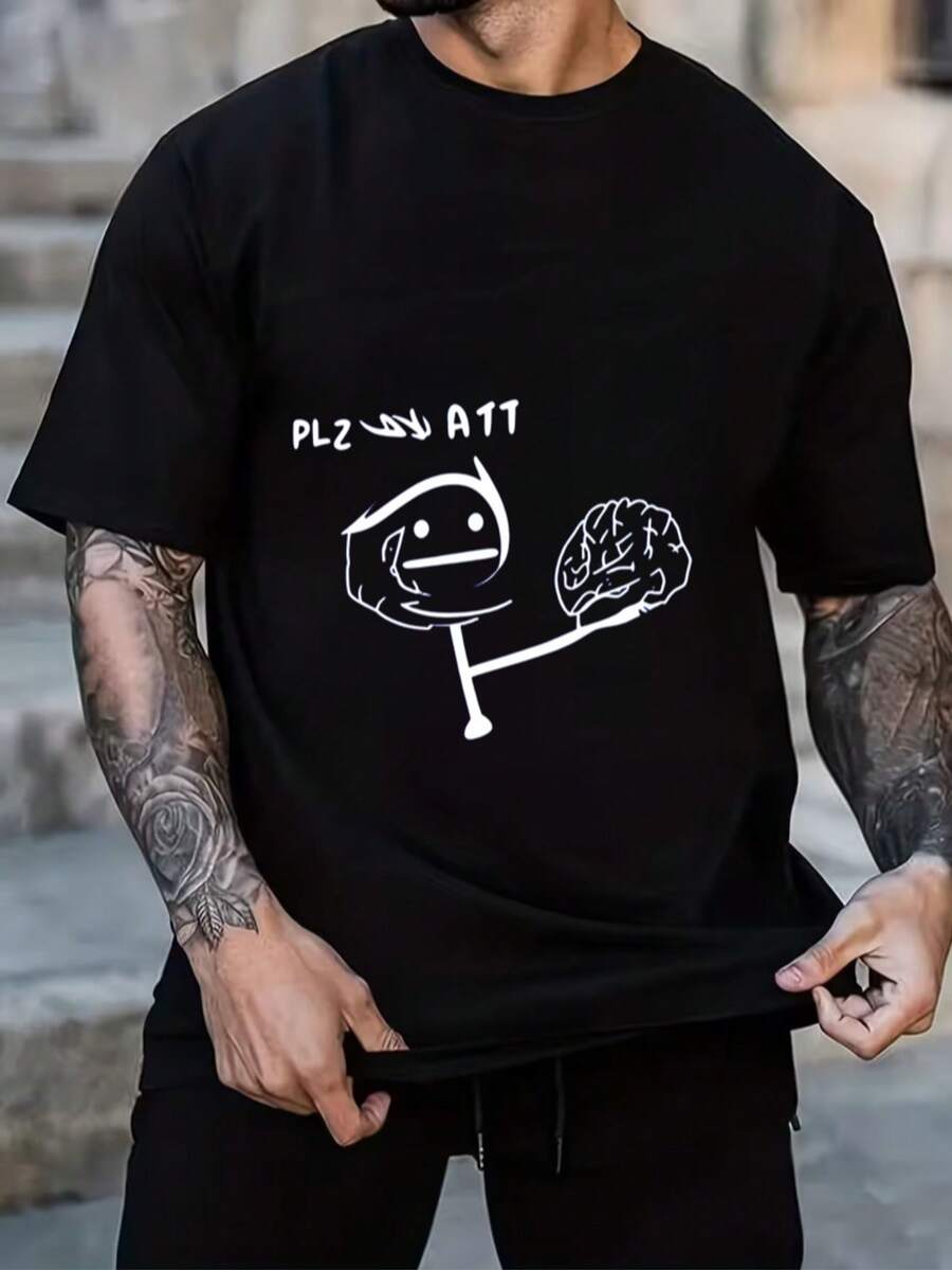 Esencial de Camiseta de algodón blanca con patrón de dibujo animado azul claro - Negro - Ver 1