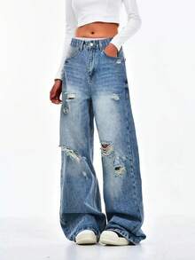 青少年女孩青春期美国复古破洞宽松直筒牛仔裤，休闲阔腿裤