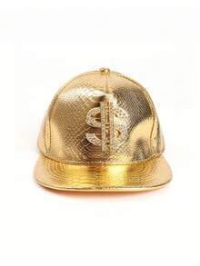 قبعة جلد PU كاجوال مرقعة لحفلات الشوارع، قبعة هيب هوب كورية بشعار الدولار الذهبي للاستخدام على مدار السنة، قبعة سائق الشاحنة، قبعة رقص الشوارع بحافة مسطحة، قبعة بيسبول