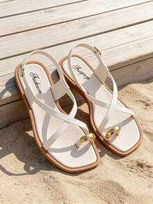 Nuevas sandalias de playa, elegantes sandalias planas versátiles de uso casual para mujer, sandalias planas de unicolor con punta abierta para mujer, sandalias de verano para mujer, sandalias planas para mujer, sandalias de punta abierta, pantuflas de punta abierta, pantuflas blancas, sandalias blancas, sandalias de dedo, sandalias de dedo - Blanco - Ver 3