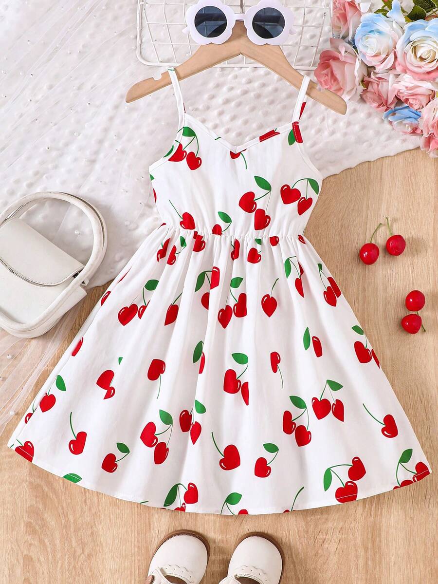 年轻女孩夏季樱桃印花休闲吊带裙