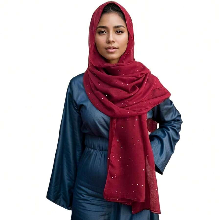 Fashion Scarf With Sequins,Shimmer Sparkle Glitters Shawl Viscose Cotton Lightweight Head Wrap Hijab,Red - Đỏ - Xem 1