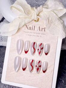 10 pièces d'autocollants pour ongles en acrylique faits à la main, ongles courts, faux ongles, set de nail art, manucure française, ongles mignons, ongles Y2K, ongles du Nouvel An, ongles en amande, ongles blancs, ongles rouges, ongles rouge rose, ongles dorés, ongles blancs brillants effet œil de chat, fleur œil de chat rouge peinte à la main, style simple et élégant, convient aux femmes et aux filles pour les activités quotidiennes et les déplacements, outils à ongles inclus. - Rouge - Voir 13