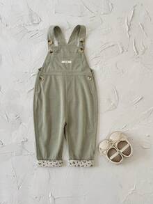 Toddler Baby Girls' Casual Minimalist Green Ditsy Floral Overalls, Spring/Autumn - Green - View 6
