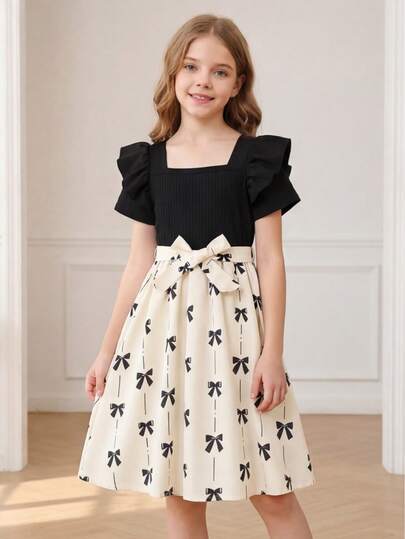 8-12岁女童复古蝴蝶印花连衣裙，方领荷叶边长袖，可拆卸腰带，蝴蝶图案下摆，罗纹面料拼接，修身优雅，透气休闲派对连衣裙