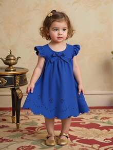 Baby Girls' Minimalist Cute Bowknot Ruffled Solid Color Dress - Blue - View 3