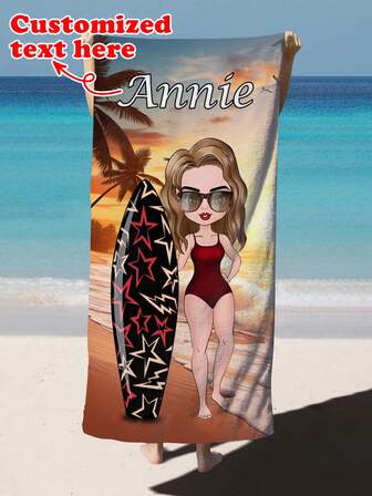 Ultrafin fiberstrandhandduk, anpassningsbar med tecknade namnmönster, snabbtorkande lätt badhandduk, lämplig för kvinnor och flickor för gör-det-själv-strandhanddukar, lämplig för strandresor, semester och simning. Stor strandhandduk, personlig tecknad design, ett måste för stranden.