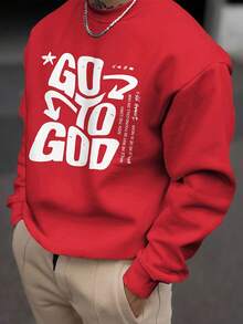 Black Crew Neck Sweatshirt With 'GO TO GOD' Bold White Text & Decorative Elements, Layered Silver Necklaces & Rings, White Pants, Metallic Background - Casual Streetwear Outfit For Men Women - 紅色 - 查看 1