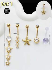 5件套金色肚脐环,不锈钢材质,款式包括十字架、星星、月亮、蝴蝶、吊坠、海龟、钥匙等,肚脐穿孔饰品,适合女性和女孩,日常佩戴,派对、夜生活、社交聚会等场合。 - 金黃色 - 查看 6