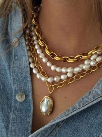 4pcs Vintage Exaggerated Fashion Old Coin Style Faux Pearl Chunky Chain Necklace Set, Women Daily Wear, Birthday/Valentine's Day Gift