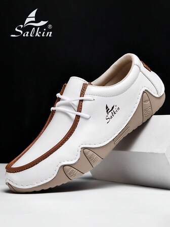 Salkin New Designer Handmade Men's Loafers Lace-Up Casual Shoes, White Driving Shoes With Affordable High-End Feel, Lightweight, Breathable, Soft & Comfortable Moccasin, Non-Slip Rubber Sole, Flat Leather Shoes For Outdoor, Spring/Summer/Autumn, Gift For Men. Note: Runs Small, Suggest Ordering One Size Up.