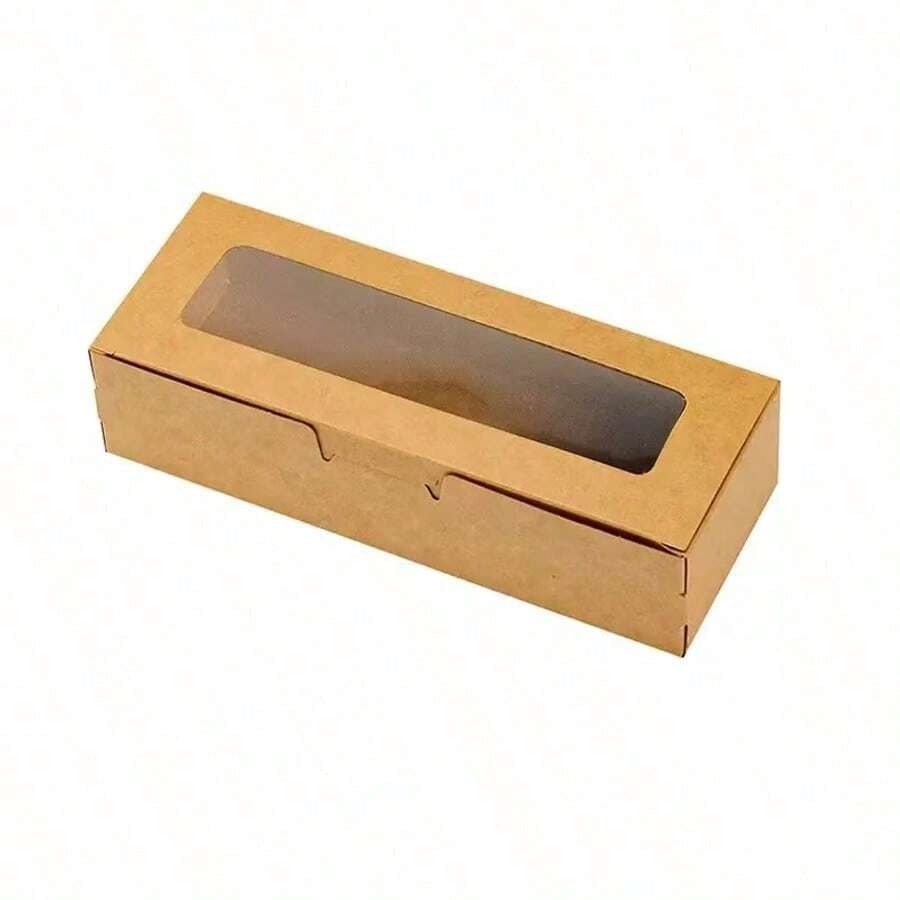 5-20pcs Simple Western Style Cake Box, Macaron Box, Flip-Top Window PVC Pastry, Dessert Takeout Box, White Cardboard Cookie, Candy Paper Box - Brown - View 1
