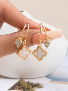 1 Đôi bông tai mặt dây chuyền hình trái tim và cỏ bốn lá thanh lịch - Thiết kế độc đáo và đơn giản dành cho nữ, phụ kiện trang sức hoàn hảo làm quà tặng ngày Valentine/phù hợp hàng ngày, thời trang và đa năng. - trắng - Xem 6