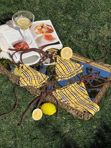 PEPPERMOLLY 女士夏季沙滩黄色两件式比基尼套装，格子印花三角上衣和侧系带泳裤，性感迷人，适合女性，假日泳池派对时尚泳装 - 黃色 - 查看 9