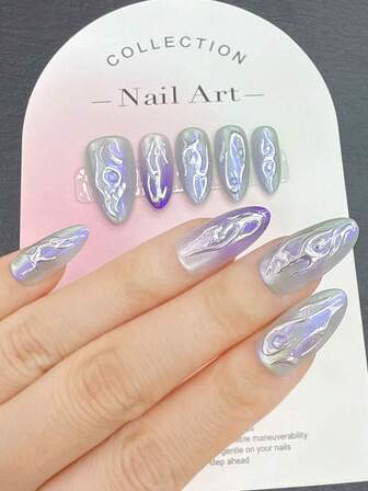 10pcs/Set Y2K Handmade Press-On Nails, Acrylic Almond Cat Eye 3D Press-On Nails. Suitable For Women And Girls, Party & Daily Wear