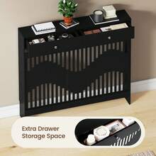 Jooli H Radiator Cover With Drawers, Black Wooden Radiator Shelf Pipe Covers Cabinet With Wavy Grill For Living Room Bedroom Hallway - 黑色 - 查看 5