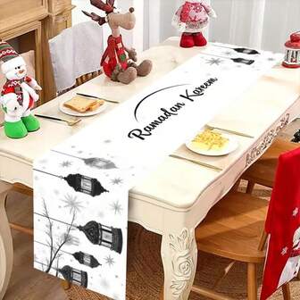1 Bieżnik na stół z motywem Ramadanu, minimalistyczny i elegancki wzór Ramadanu – z grafiką latarni i liter, wytrzymały prostokątny obrus z poliestru, odpowiedni do kuchni, jadalni, na imprezę i do domu, dekoracja na wiejski festiwal, dostępny w wielu rozmiarach, idealny prezent