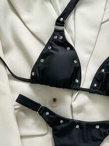 2pcs Sexy Black Swimsuit Set With Silver Rivets | Halter Bikini Top + Thong Bottoms | Perfect For Beach Vacation, Pool Party And Holiday Celebration - Black - View 7