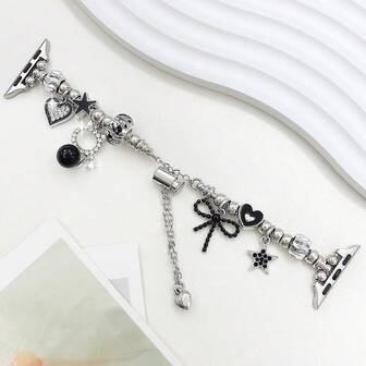 1条女士派对及日常佩戴黑色粉色猫咪吊坠表带，兼容苹果手表表带38/40/41/42/44/45/46/49mm，金属表带替换装，适用于苹果手表系列11/10/9/8/7/SE/6/5/4/3/2/1、Ultra 1/2/3，送朋友的最佳礼物（不含手表）