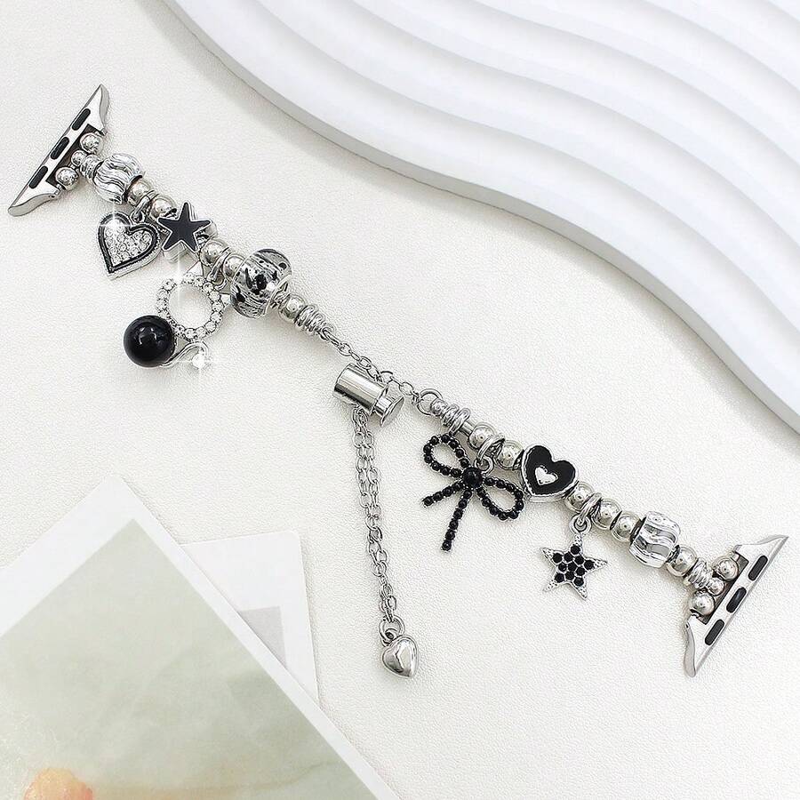 1 pieza Correa de reloj de mujer para uso diario y de fiesta con colgante de gato negro y rosa, compatible con correas de de 38/40/41/42/44/45/46/49mm, reemplazo de correa de metal, adecuado para Apple Watch Series 11/10/9/8/7/SE/6/5/4/3/2/1, Ultra 1/2/3, mejor regalo para amigos (reloj no incluido) - Negro - Ver 1