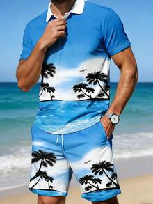 Bộ áo polo và quần short in họa tiết nhiệt đới dành cho nam, trang phục thường ngày cho kỳ nghỉ. - Nhiều màu - Xem 3