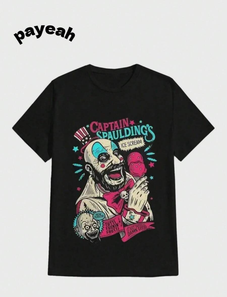 Payeah Cool Captain Spauldings Ice Scream Halloween Casual Digital Print Pure Heavy Cotton T Shirt - Black - View 1