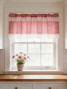 1pc Plaid Coffee Curtain - Red & White Checkered Pattern, White Lace Trim, Suitable For All Seasons, Linen Fabric, Farmhouse Style Short Curtain, Applicable For Living Room, Kitchen, Bathroom Window Decor - Red - View 7