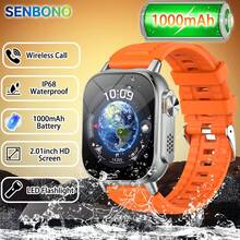 SENBONO 1000mAh电池男士智能手表，配备LED手电筒、指南针、无线通话、2.01英寸高清屏幕、睡眠监测、运动追踪，兼容安卓和iOS系统，是送给家人的最佳礼物。