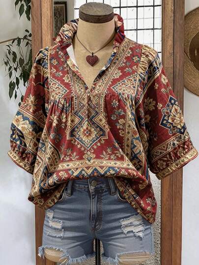 Áo kiểu nữ casual, phong cách retro, họa tiết hoa, tay bồng xếp ly, cổ chữ V, tay ngắn, thích hợp cho kỳ nghỉ.