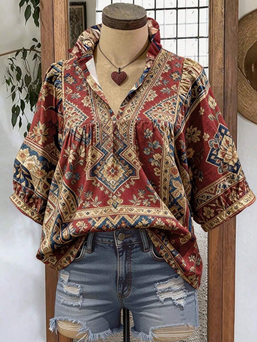 女士休闲度假复古碎花荷叶边花瓣袖宽松V领短袖衬衫 夏季 - 紅色 - 查看 1