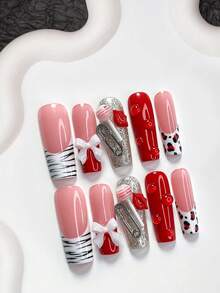 10pcs Realistic Water Drop Nail Art Gel Kit, Includes Press-On Coffin Nails, Almond Nails, Duck Beak Nails, French Manicure Stickers, White Bows, Lollipops, Mini Pins, Red Lip Nail Decors, Leopard Print Water Marble Stickers, Red Nail Polish, Gold Glitter Gel, And Tools (1 Jelly Sticker + 1 Nail File). Suitable For Women In Autumn/Winter, Parties, Holidays, Valentine's Day, An Excellent Gift For Her. Nail Supplies - Multicolor - View 14