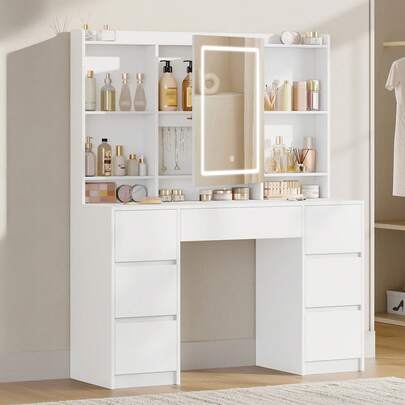 Hzuaneri Dressing Table With Lights, Vanity Desk With Large Led Mirror, Adjustable Brightness, Makeup Desk Vanity Table With 7 Drawers, 4 Shelves For Bedroom, Storage Behind The Mirror, White