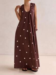 LUNA Vestido largo holgado con estampado de lunares, vestido de chaleco informal, adecuado para uso diario. - Café - Ver 2