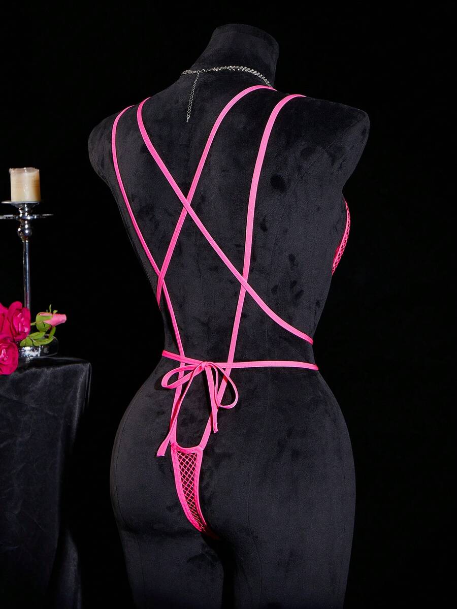 Bộ đồ liền thân lưới xuyên thấu màu huỳnh quang dành cho nữ, đồ lót gợi cảm - Màu Hồng  Dưa hấu - Xem 1