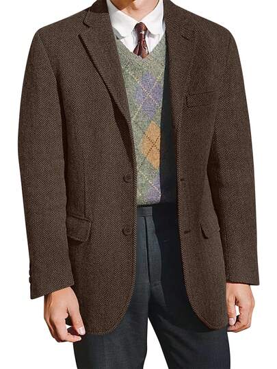 Furuyal Men's Herringbone Tweed Suit Set, Single Suit Jacket, Elegant Men's Suit Set, Gentleman Solid Color Double-Breasted Slim Fit Formal Wear, Business Formal Single-Breasted Wedding Suit, Banquet Vintage Style, Dark Brown, Size XS-3XL