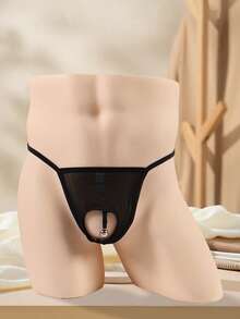 Men's Black Mesh Sheer Simple Sexy Comfortable Breathable Elastic Thong Underwear With Bell Decor - Black - View 1