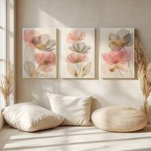 三联花卉墙画，金色箔片粉色和灰色花卉帆布画 | 现代植物装饰，适用于卧室、客厅或办公室，抽象植物海报，送她的礼物，不含框 - 彩色 - 查看 4