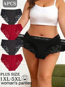 4PCS Women's Plus Size Underwear - Floral Lace High-End Design, Stretchy & Breathable Mid-Rise Panties, Ultra Soft Delicate Lace For Everyday Comfort (Essential Combo) - Multicolor - View 4
