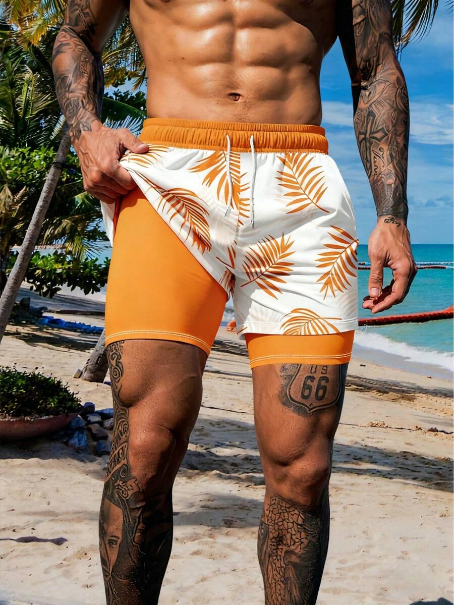 Men's Beach Holiday Print Drawstring Double Layer Beach Shorts - Multicolor - View 1