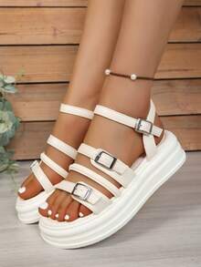 Women's Thick Sole Sandals, New Summer Fashion Versatile Dress Fairy Style Thick Sole Pearl Open Toe Roman Shoes - White - View 1