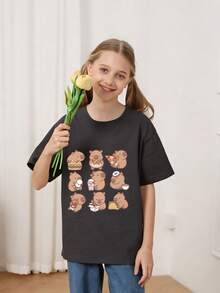 T-shirt col rond manches courtes avec imprimé graphique amusant, décontracté pour les préadolescentes, Top d'été - Gris foncé - Voir 2