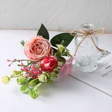 AFRITEE - Flores artificiales con jarron pequeño diseño de rosas de otoño en maceta de color naranja artificial con jarron pequeño para el hogar sala de estar oficina boda centro de mesa - Ramo rosa y jarrón en relieve - Ver 5