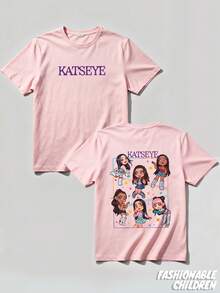 Katseye Band Pattern Print, Machine Washable, Children's Girls' Pure Cotton T-Shirt, Girls' Clothing, Perfect Summer Gift, Casual Outdoor Sports Style, Comfortable And Breathable, Skin-Friendly, Fashionable And Versatile, Round-Neck Short-Sleeve Shirt That Kids Can Wear Alone - 粉色 - 查看 2