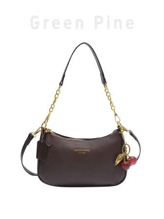 Bolso de hombro multifuncional clásico de unicolor, impermeable, de tela de PU, con diseño gráfico de letras, cadena, correa ajustable, decoración de colgante de cereza, bolso de hombro de moda para mujer, bolso para ir al trabajo, adecuado para compras y reuniones