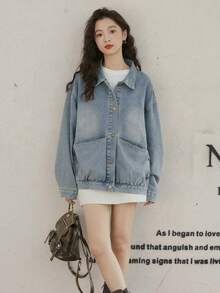 2025新款宽松休闲牛仔外套，女士秋冬款 - 復古藍 - 查看 4